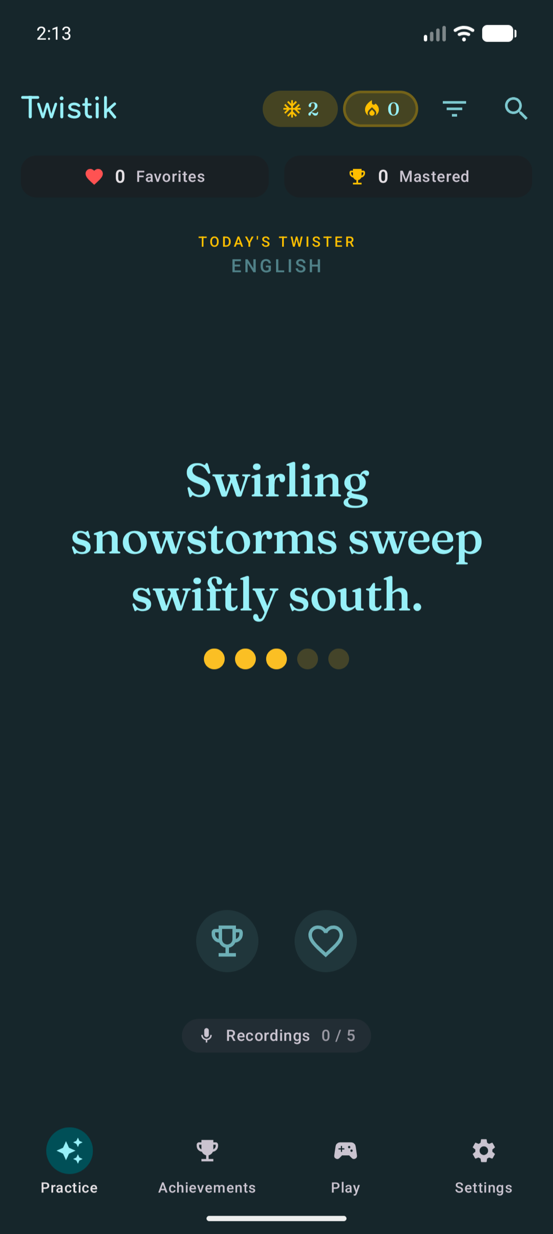 Twistik Practice screen showing today's tongue twister